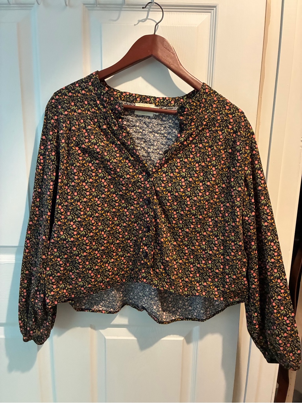 Cropped Floral Button-Up Blouse in Black with Pink & Green Print